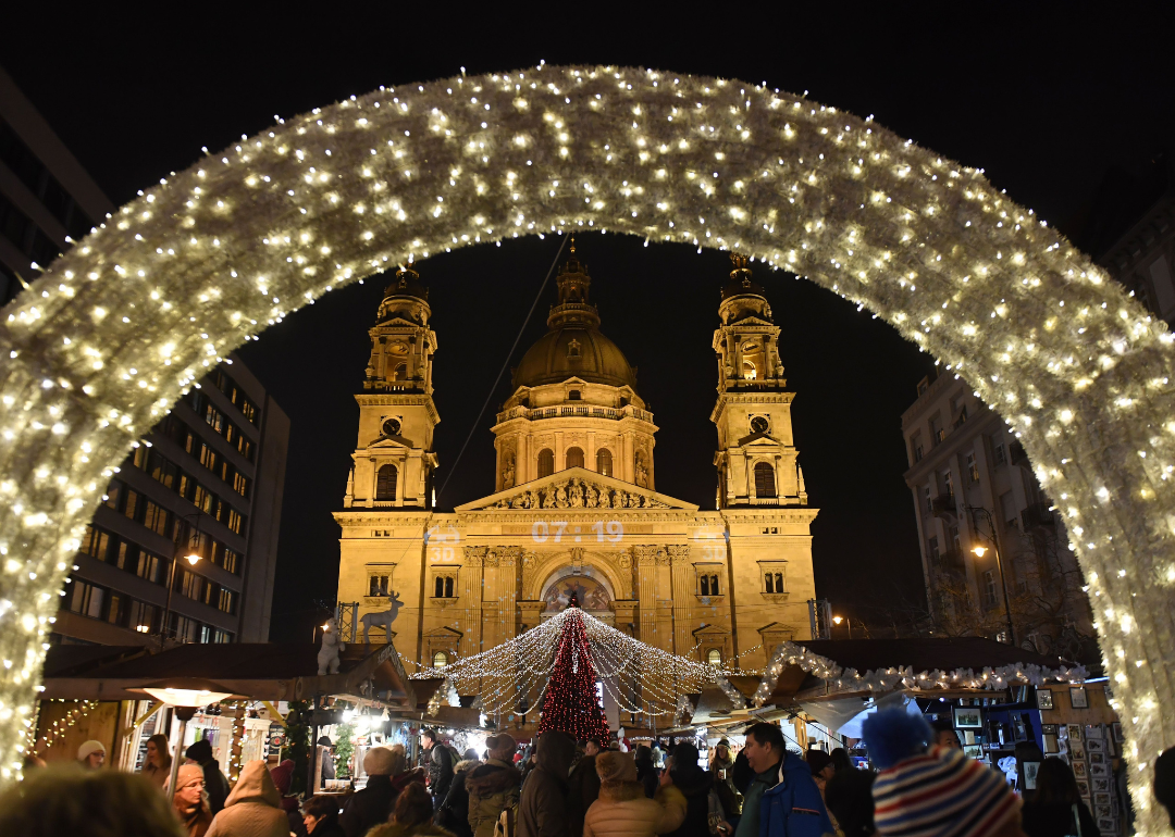 People visit the Christmas market in Budapest.