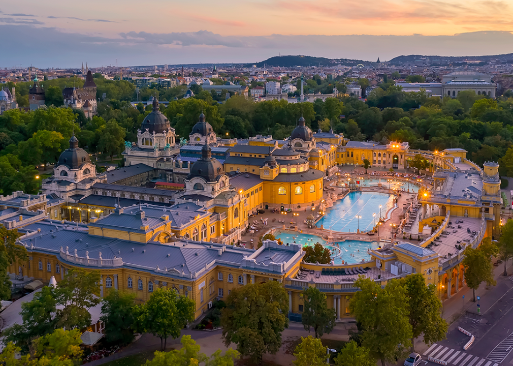 Aerial view of thermal bath in Budapest at sunset.
