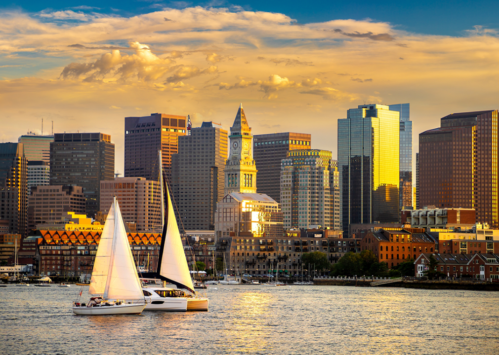 Boston cityscape from the water at sunset.