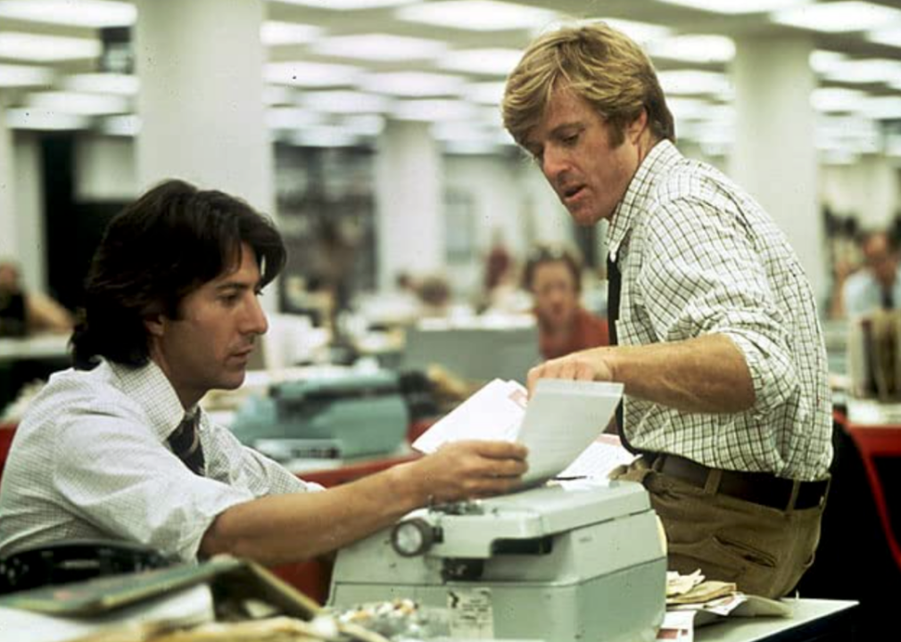 Dustin Hoffman and Robert Redford in a scene from ‘All the Presidents Men’