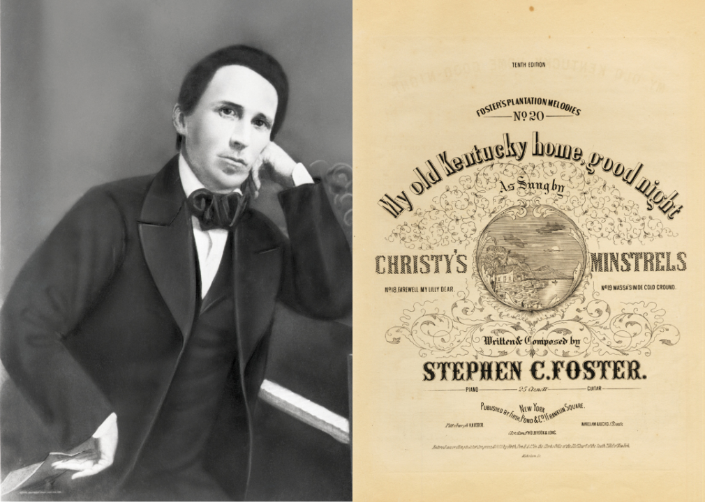 Portrait of Stephen Foster and sheet music cover image for ‘My Old Kentucky Home, Good Night’.