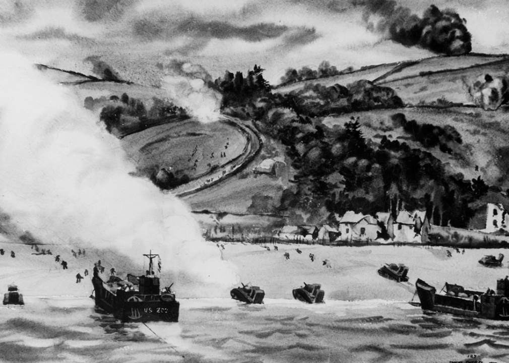 Watercolor by Dwight C Shepler showing US Forces practicing for the invasion of Normandy at Slapton Sands in Devon.