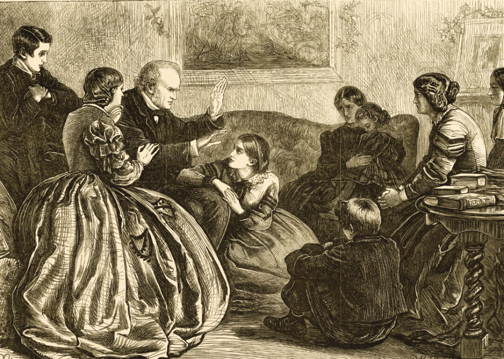 Illustration depicting a family gathered around, listening to a man tell a story.