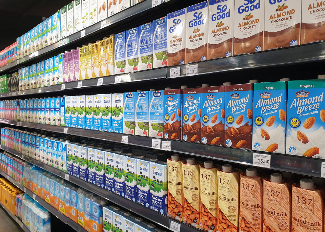 Plant based milk aisle in supermarket.