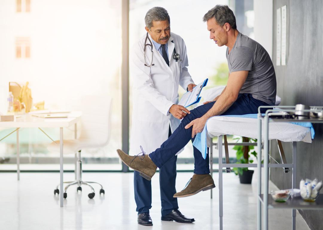 Doctor examining patient’s knee.