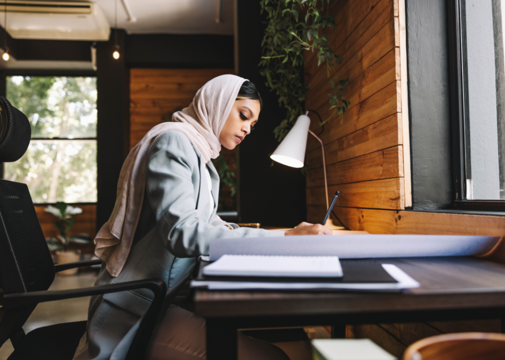 Professional focused on project at desk.