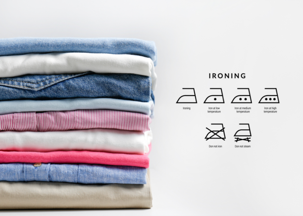 Ironing care symbols next to stack of neatly folded clothing.