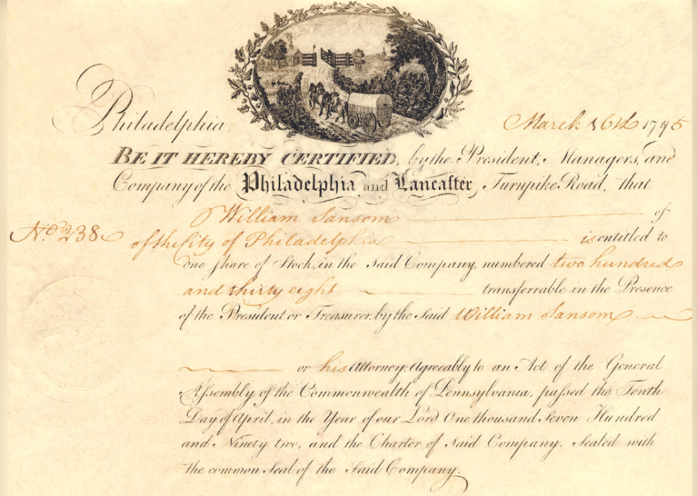 Certificate documenting the share of Philadelphia and Lancaster Turnpike Road