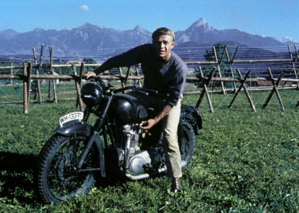 Steve McQueen on a motorcycle in a scene from ‘The Great Escape’.