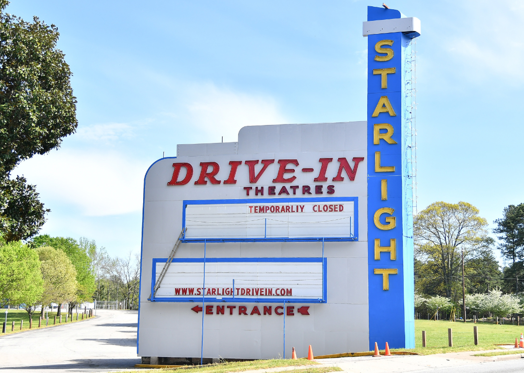 Starlight Drive-In marquee reads “Temporarily Closed” during the pandemic.