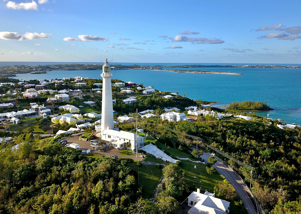 The drone aerial view of Bermuda islands and the Gibbs Hill lighthouse.