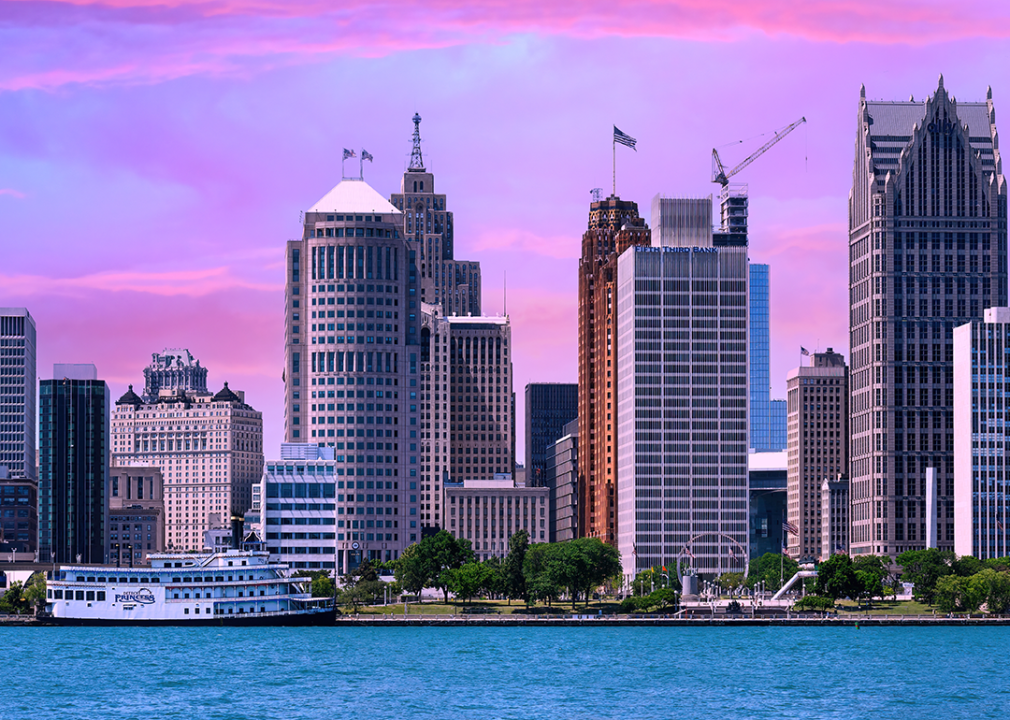 Detroit skyline during a summer sunset in the riverfront district.