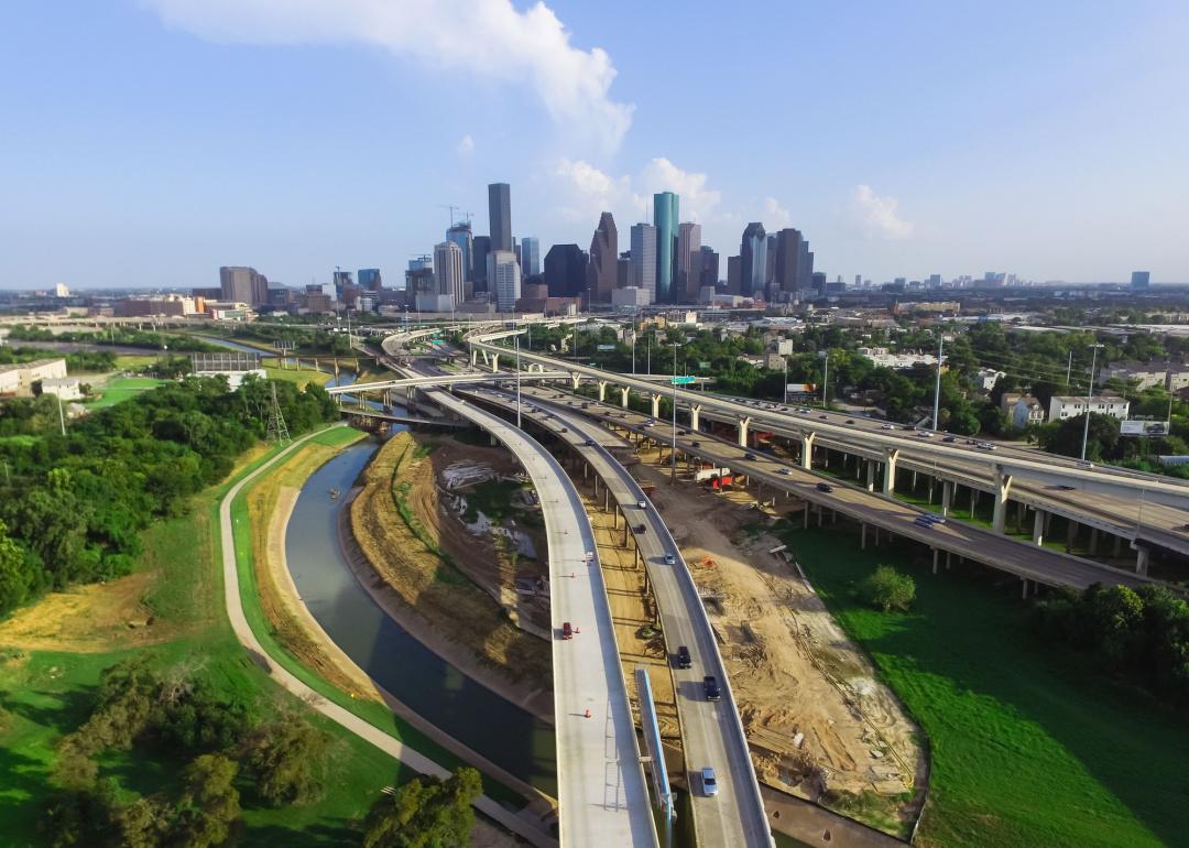 Aerial view Houston downtown and I-45 construction