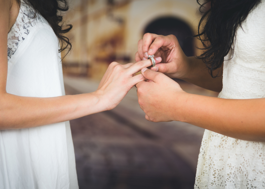 Close up of two women's hands exchanging rings during wedding ceremony