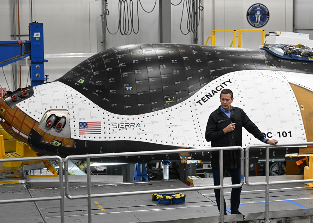 Sierra Space CEO Tom Vice speaks to employees in front of the Dream Chaser.