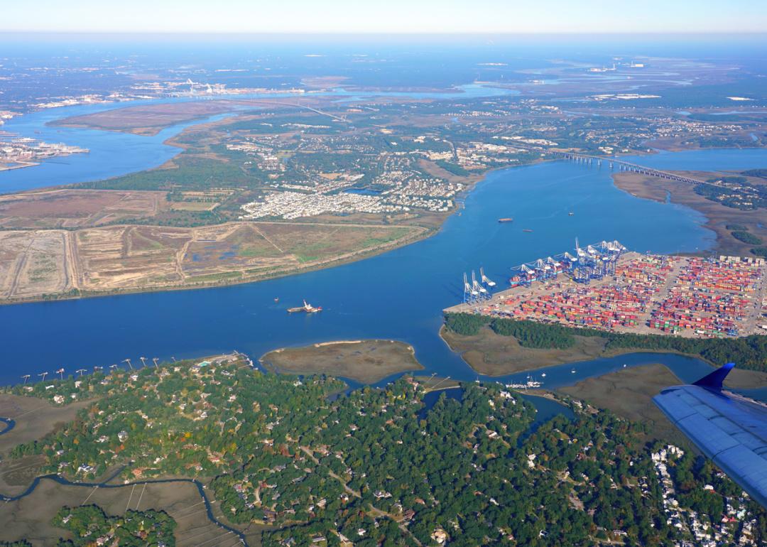 Aerial view of Port of Charleston and surrounding landscape.
