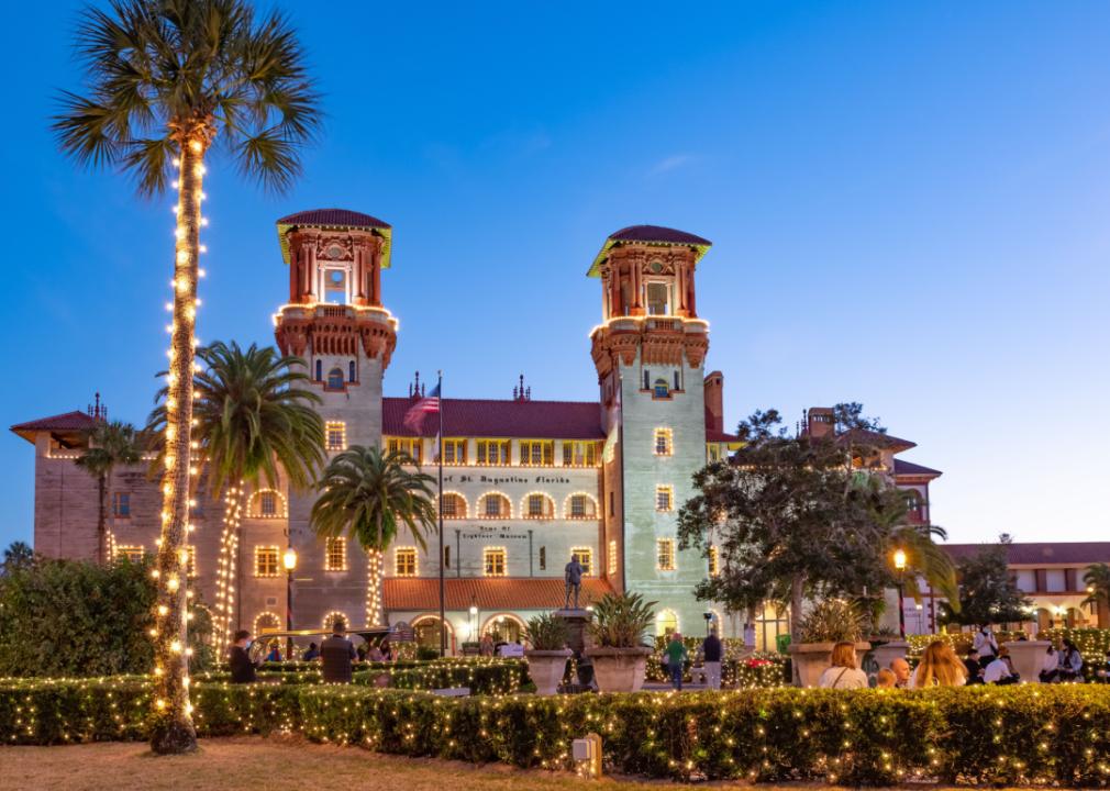 Downtown St. Augustine during the Christmas season, lit up at night.