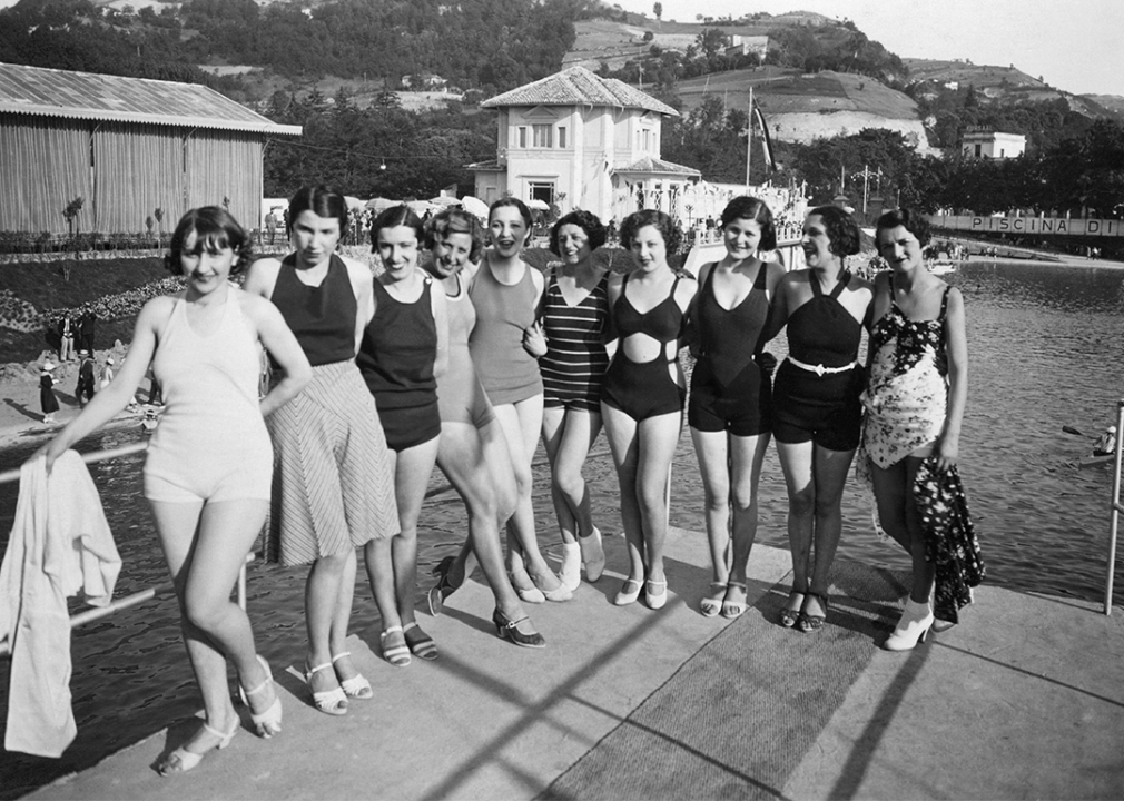 Ten women pose at the outdoor thermal baths in Piemonte, Italy.