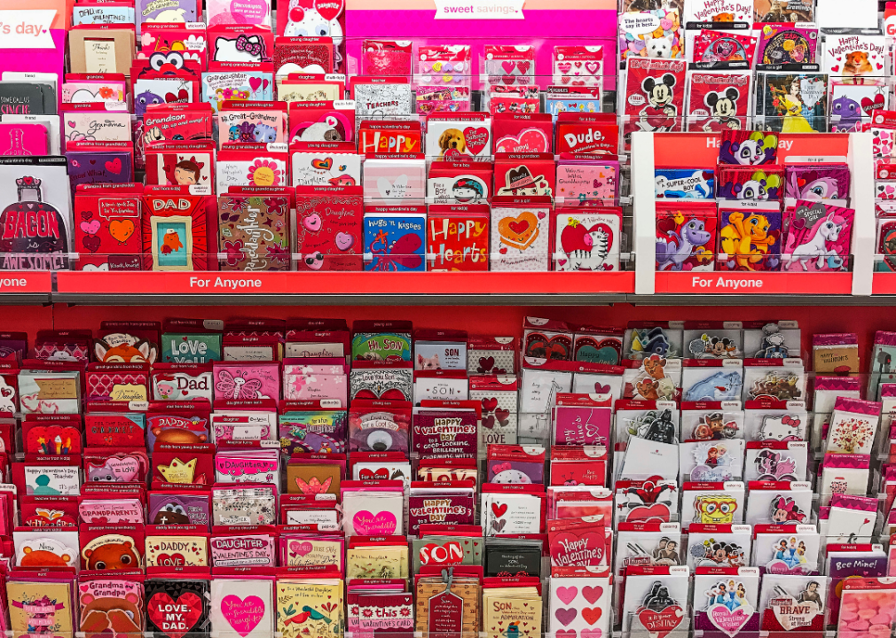 Rack of Valentine cards in a greeting card shop.