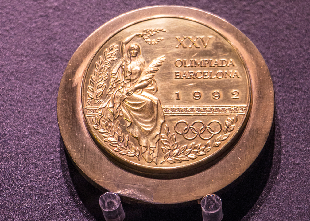 Close-up view of Barcelona Olympic Games medal.