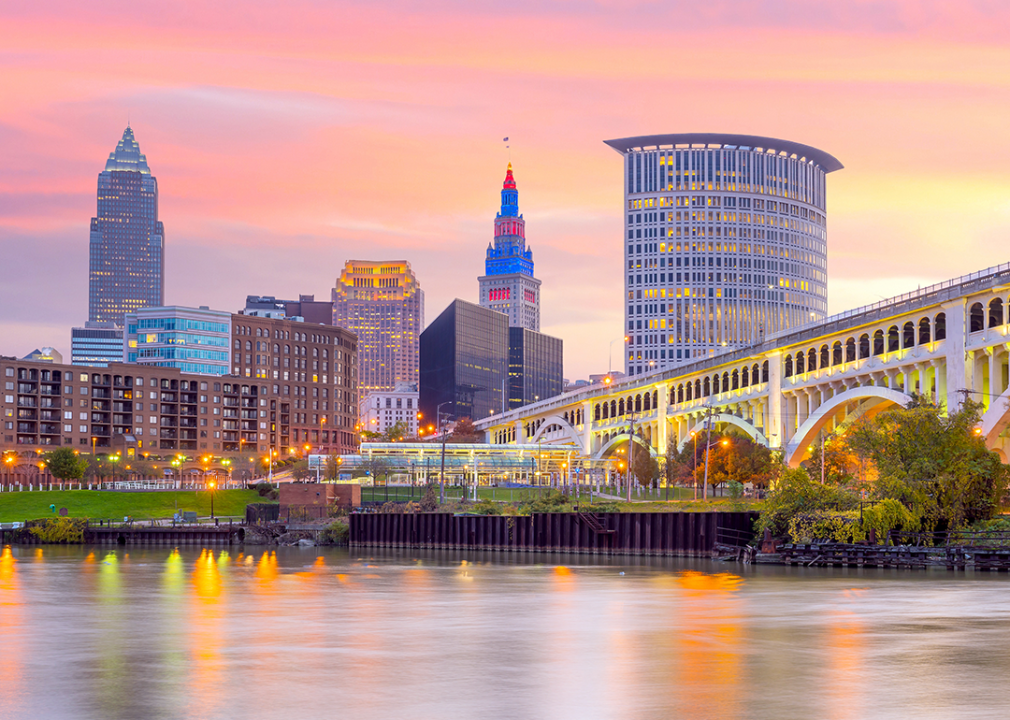 Downtown Cleveland skyline at dusk.