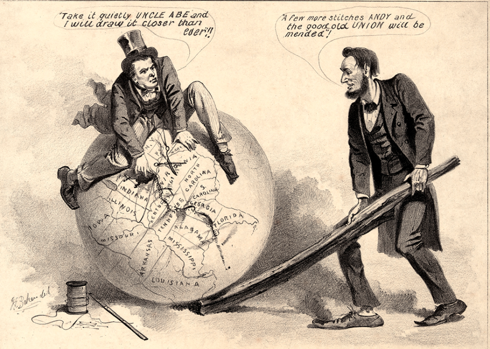 The Rail Splitter at Work Repairing the Union, political cartoon by Joseph E. Baker showing Abraham Lincoln and Andrew Johnson stitching together a map.