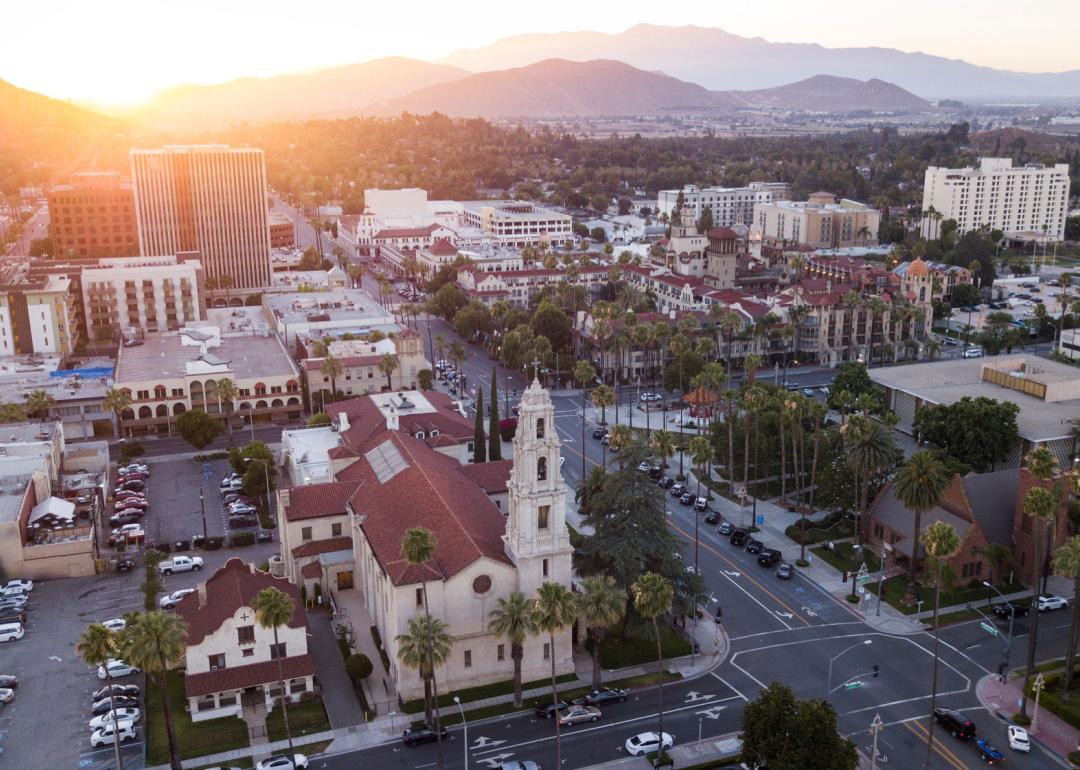 Sunset aerial view of downtown Riverside.