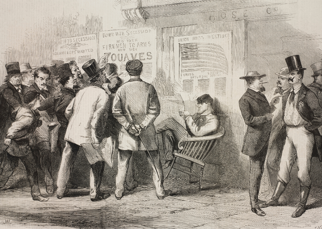 Illustration depicting men reading enlistment posters in New York.