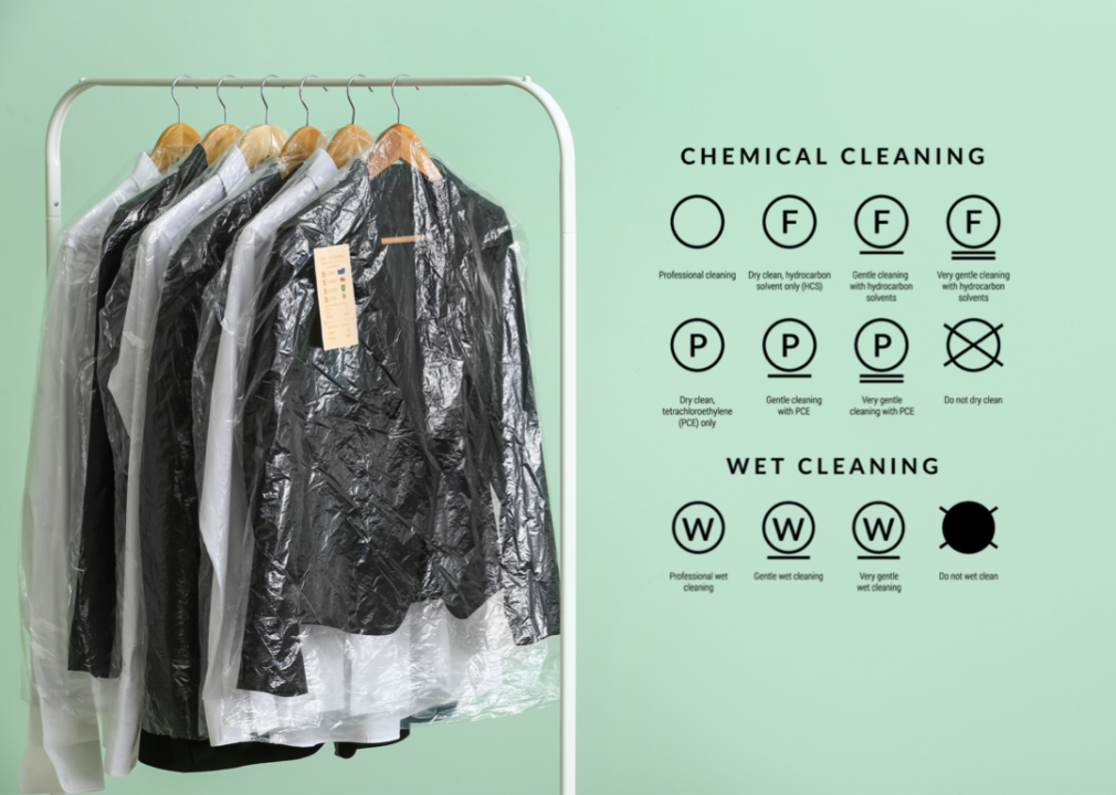 Rack with clothes from professional cleaner with care symbols.