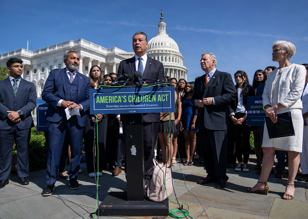 Sen. Alex Padilla speaks outside the Capitol  at news conference calling for bipartisan legislation to protect documented Dreamers