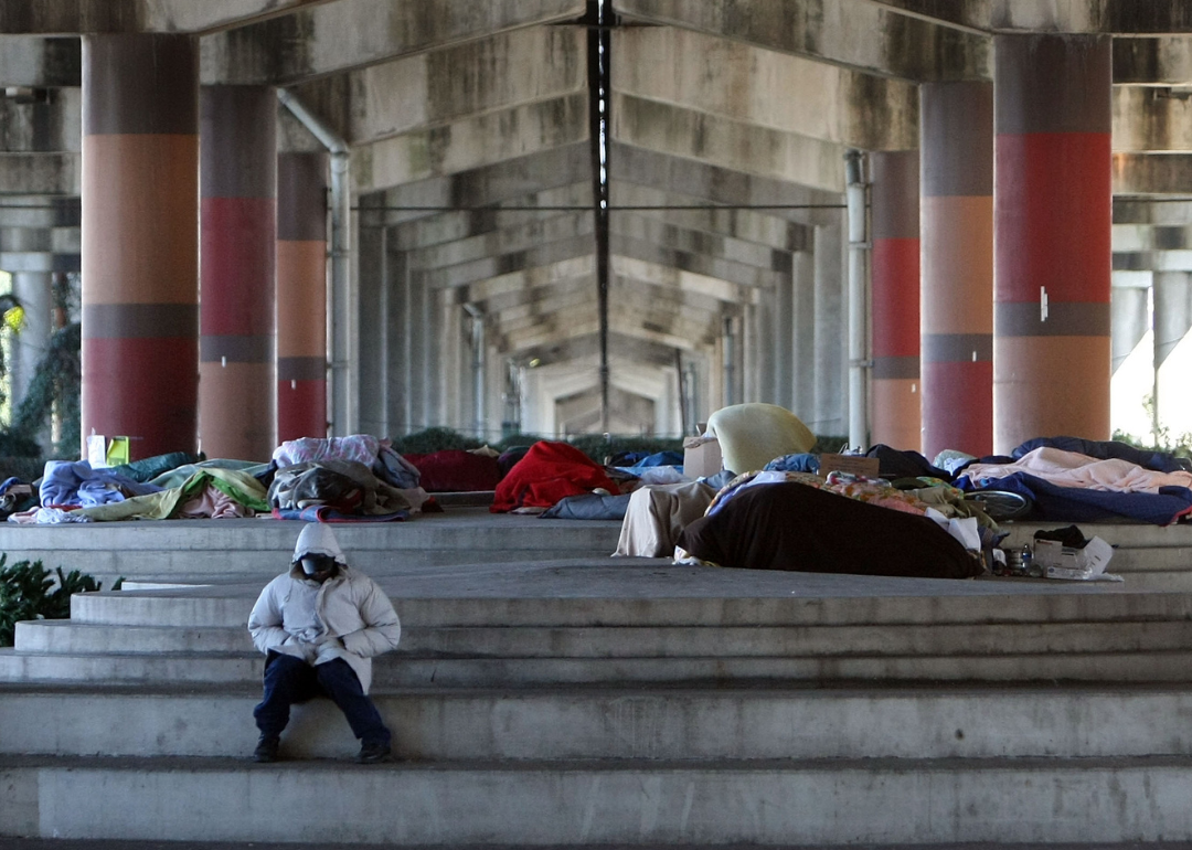 Homeless gathered under concrete structure of Interstate