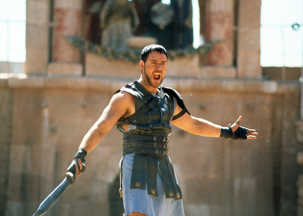 Russell Crowe with a sword in a scene from ‘Gladiator’.