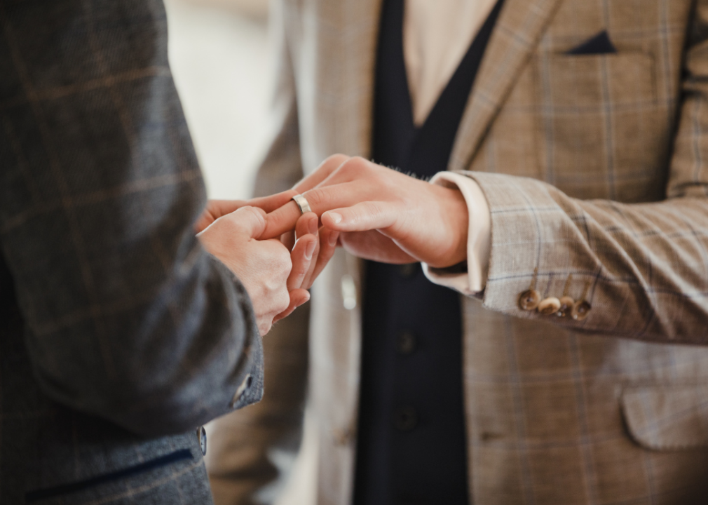 Close up of two male hands during wedding ceremony