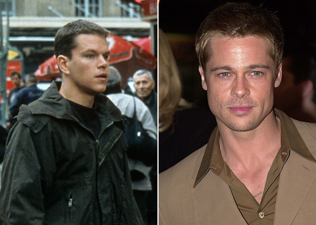 On left, Matt Damon as Jason Bourne; on right, Brad Pitt at ‘The Mexican’ premiere in 2001.