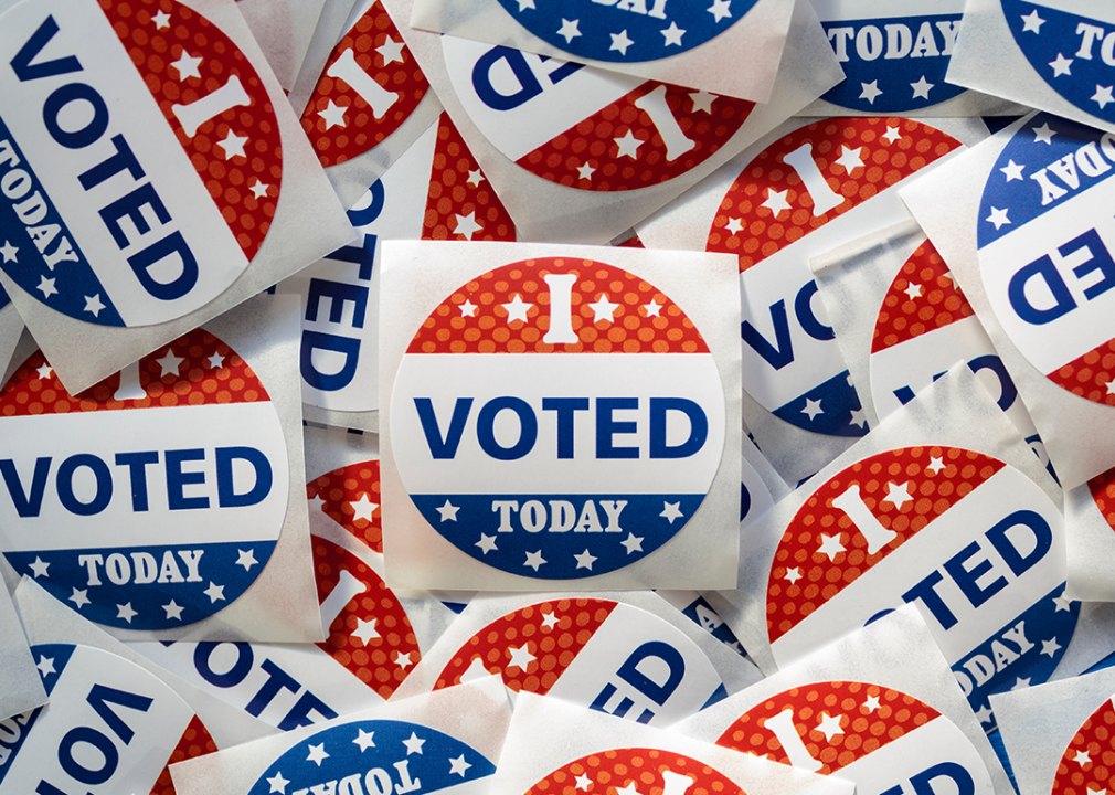 Top view of pile of “I Voted” stickers.