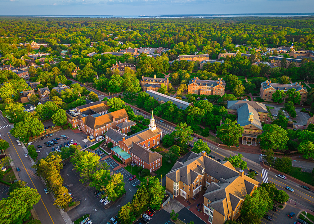 Aerial view of Williamsburg at dusk.