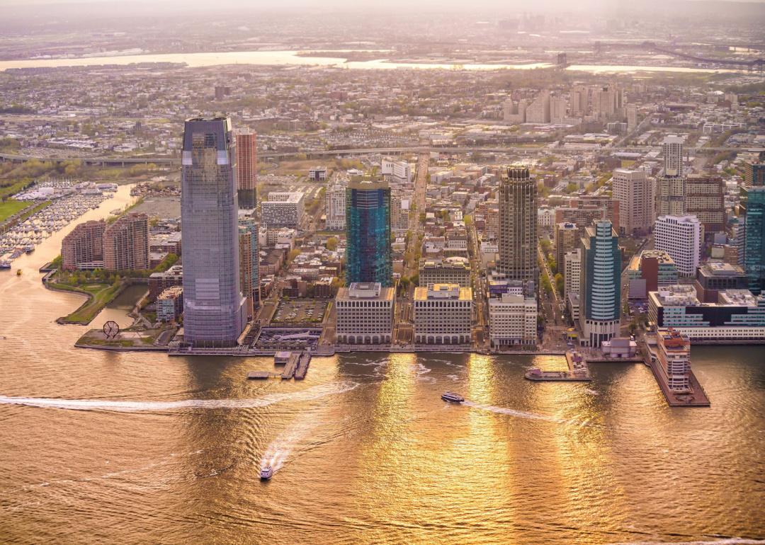 Aerial view of Jersey City, New Jersey, at sunset.