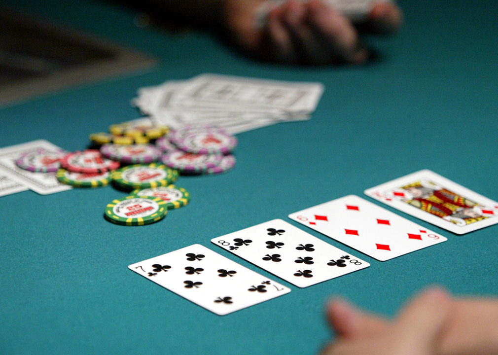 A close up of the table as players take part in the 2004 World Series of Poker Tournament.