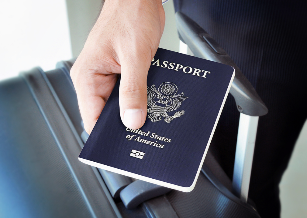 Hand holding U.S. passport.