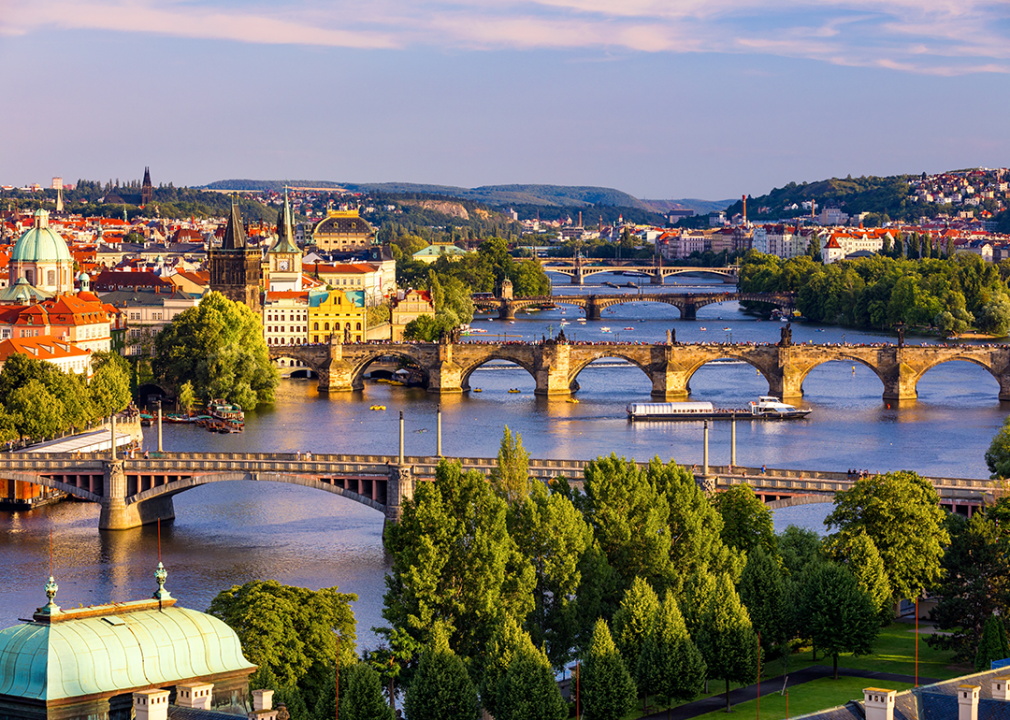 Elevated view of bridges over Vltava river in Prague.