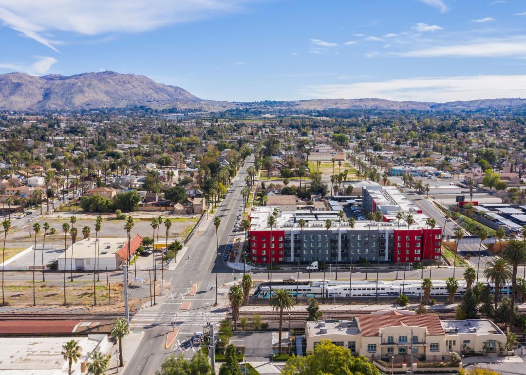 Aerial view of suburban neighborhood in Riverside, California.