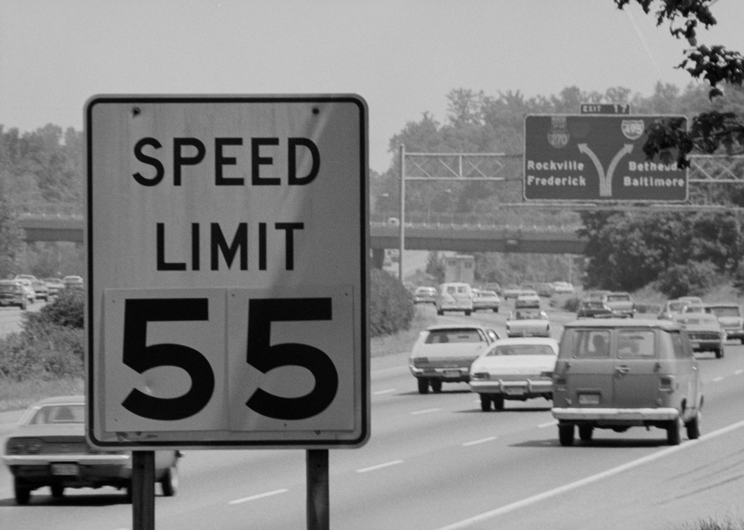 “Speed Limit 55” sign beside Washington DC beltway.