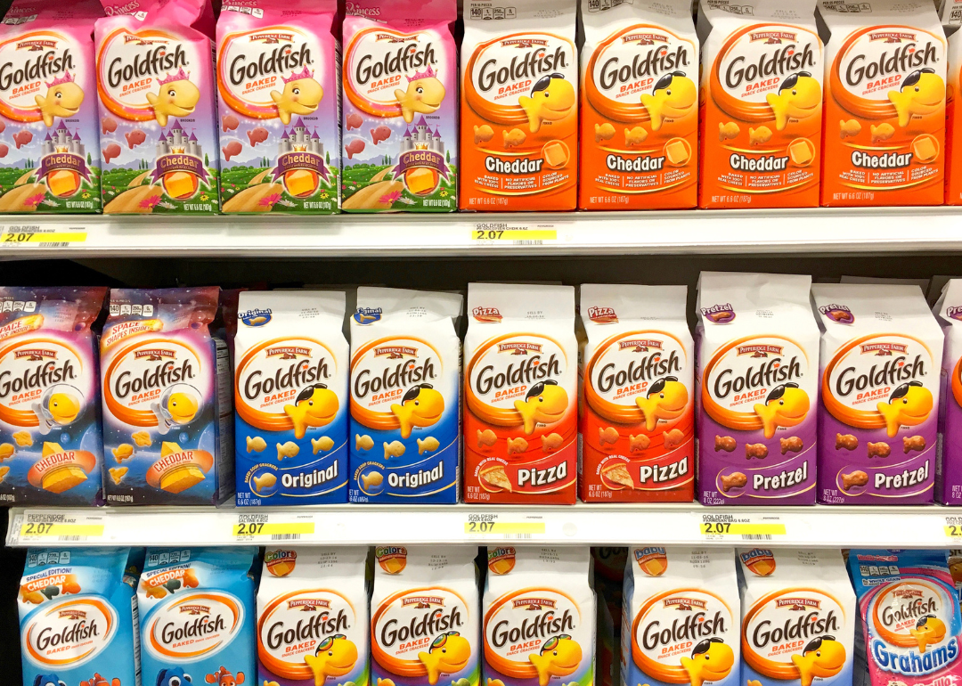 Goldfish Crackers on grocery store shelf.