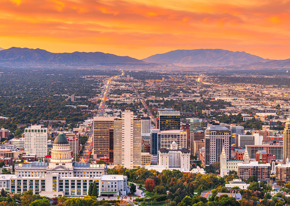 Elevated view of Salt Lake City and skyline at dusk.