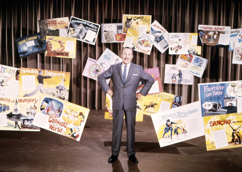 Walt Disney poses with posters from some of his films.