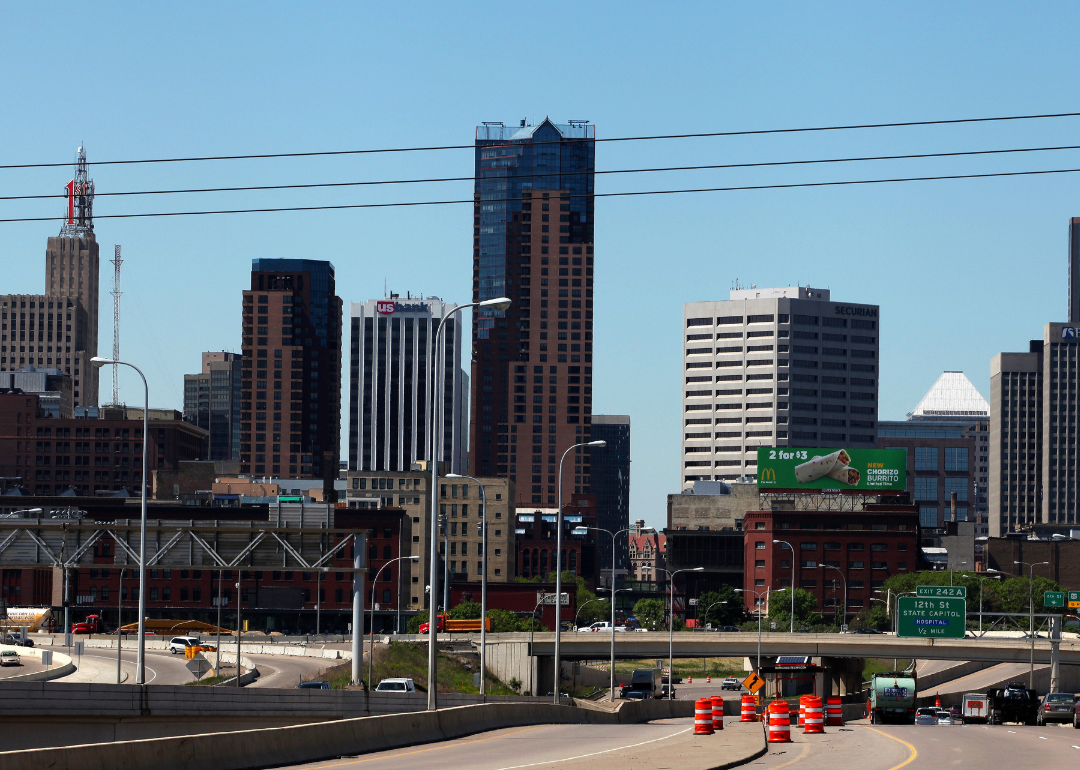 St. Paul skyline from Interstate 94 West on clear day