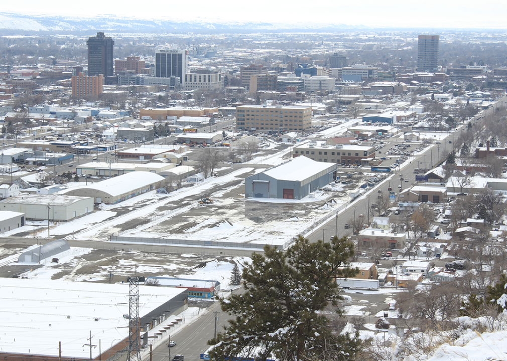 An elevated view of snowy downtown Billings.