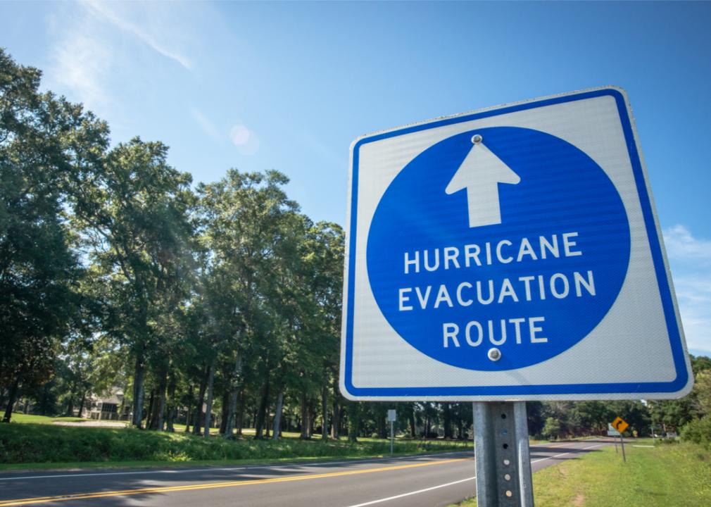 Photo shows a medium-shot of a "Hurricane Evacuation Route" sign
