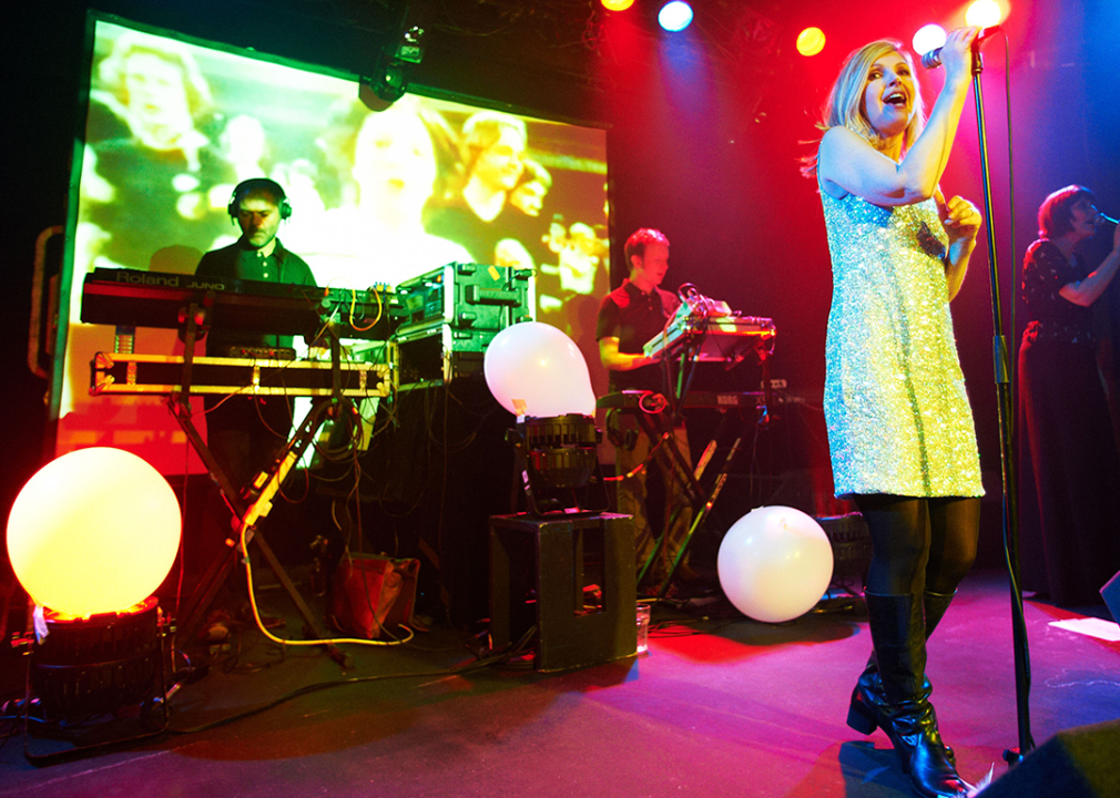 Pete Wiggs, Bob Stanley and Sarah Cracknell of Saint Etienne performs on stage