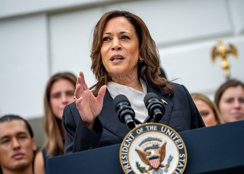 Kamala Harris speaks at podium.